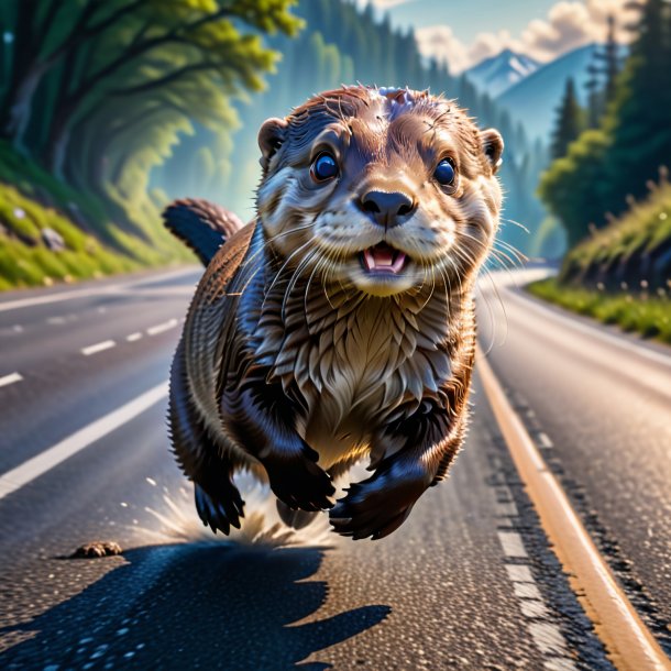 Image of a jumping of a otter on the road