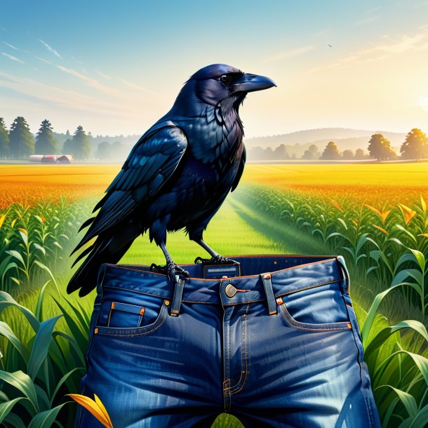 Illustration of a crow in a jeans on the field