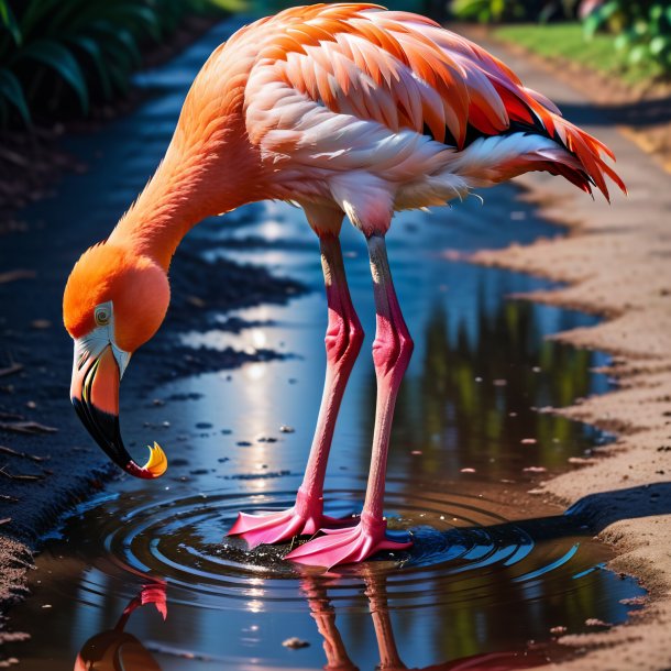 Image of a flamingo in a skirt in the puddle