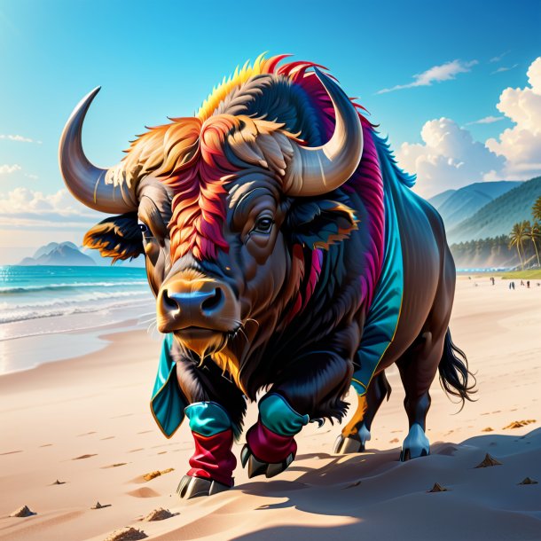 Illustration of a buffalo in a gloves on the beach