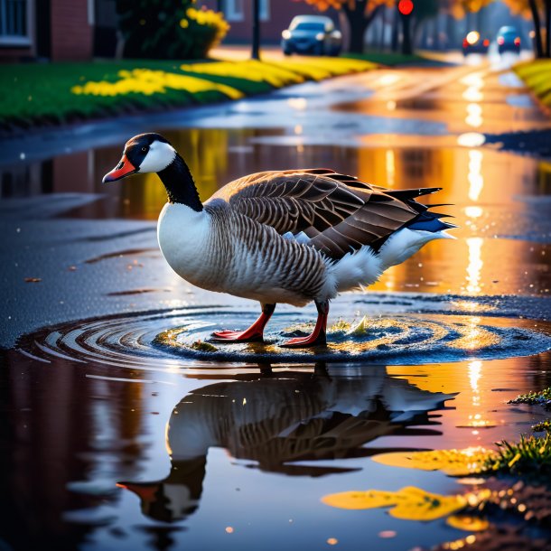 Image of a threatening of a goose in the puddle