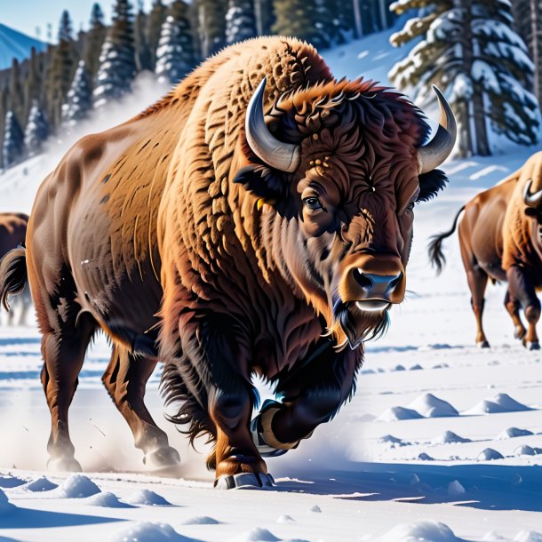 Uma foto de uma dança de um bisonte na neve