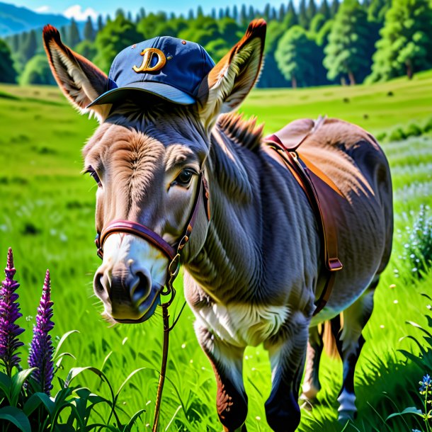 Foto de un burro en una gorra en el prado