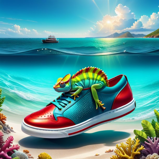 Illustration of a chameleon in a shoes in the sea