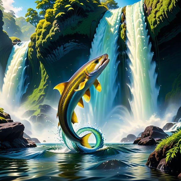 Picture of a jumping of a eel in the waterfall