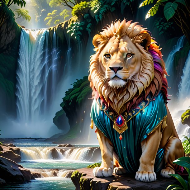 Picture of a lion in a dress in the waterfall