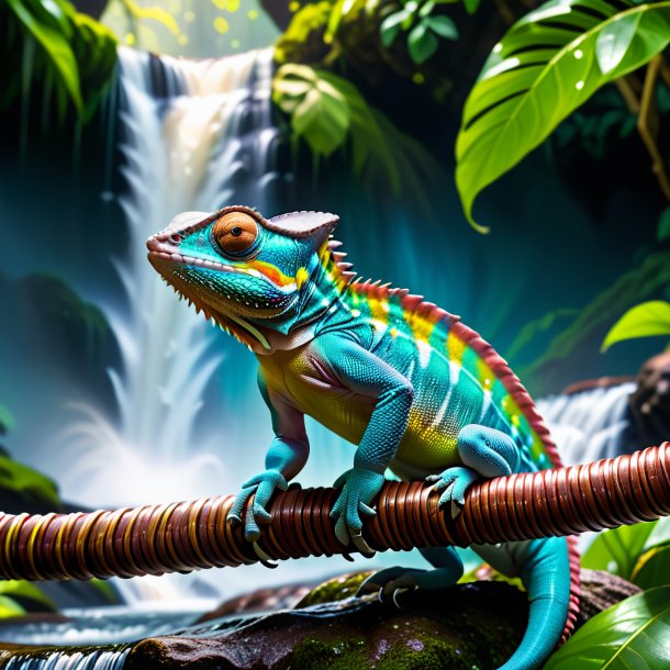 Foto de um camaleão em um cinto na cachoeira