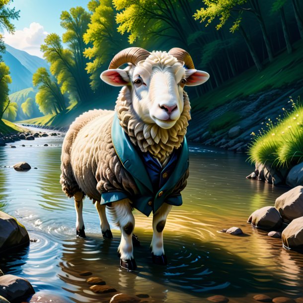 Drawing of a sheep in a coat in the river