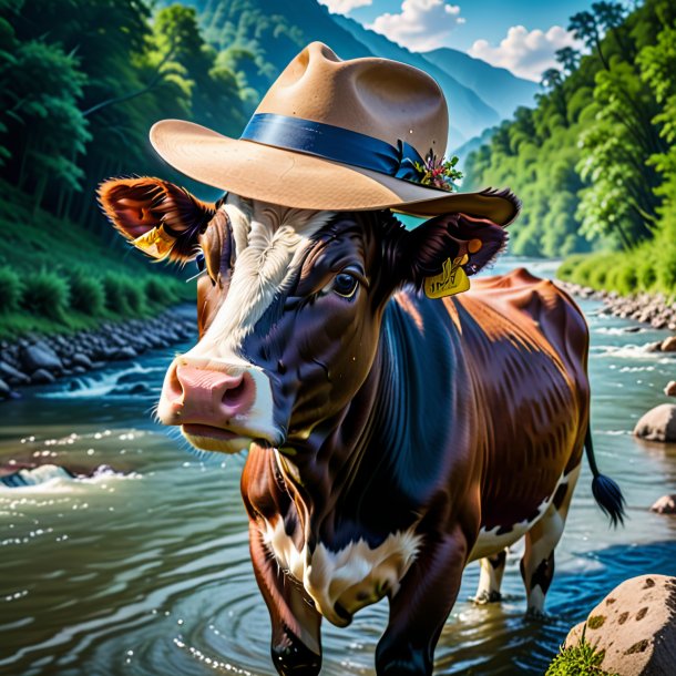 Foto de una vaca en un sombrero en el río