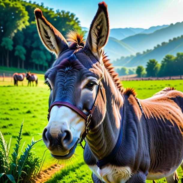 Image of a smiling of a donkey on the field