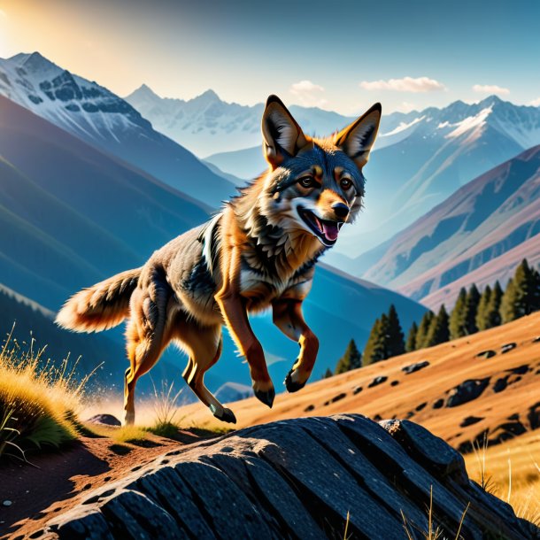 Pic of a jumping of a jackal in the mountains