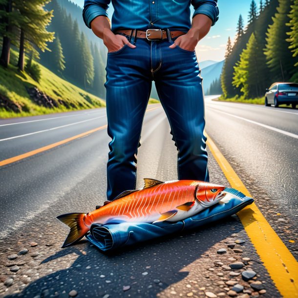 Picture of a salmon in a jeans on the road