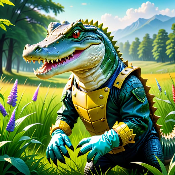 Illustration of a crocodile in a gloves in the meadow