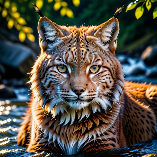 Photo of a lynx in a coat in the river