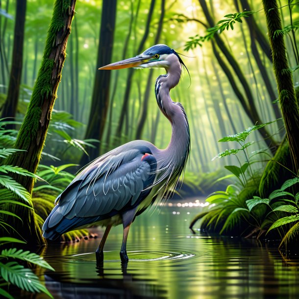 Image of a swimming of a heron in the forest