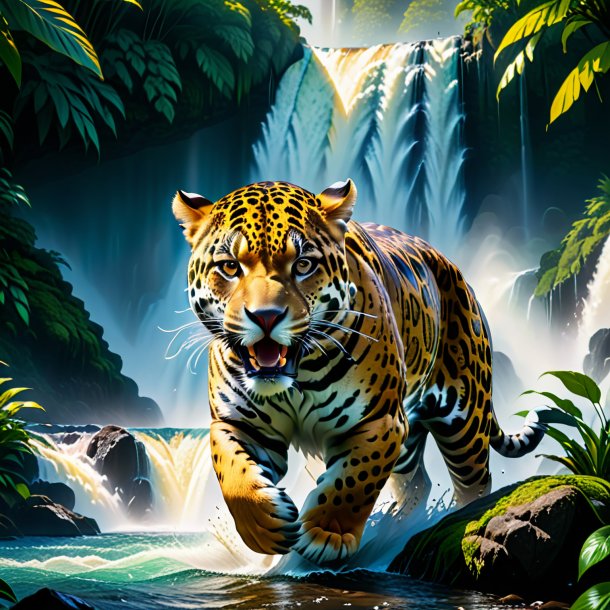 Photo of a threatening of a jaguar in the waterfall