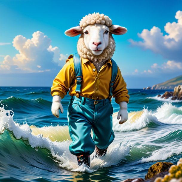 Picture of a sheep in a trousers in the sea