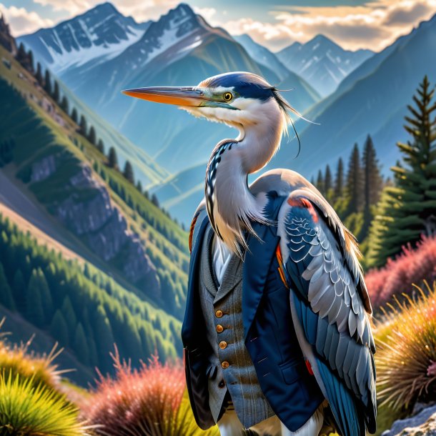 Photo of a heron in a vest in the mountains