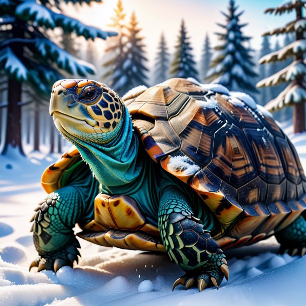 Image d'une tortue dans un gilet dans la neige