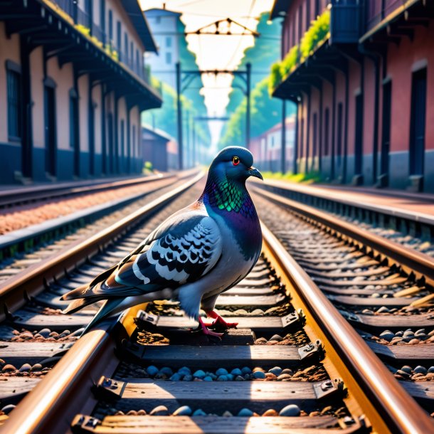 Photo of a swimming of a pigeon on the railway tracks