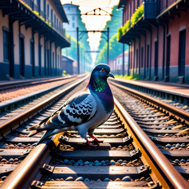 Foto de uma natação de um pombo nos trilhos ferroviários