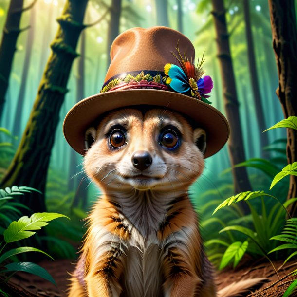 Illustration of a meerkat in a hat in the forest