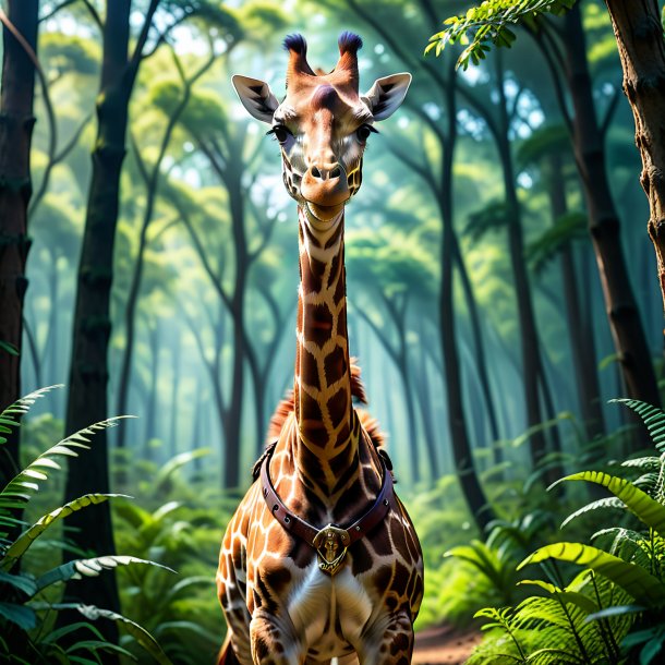 Photo of a giraffe in a belt in the forest