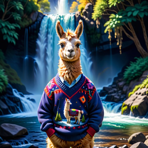 Image of a llama in a sweater in the waterfall