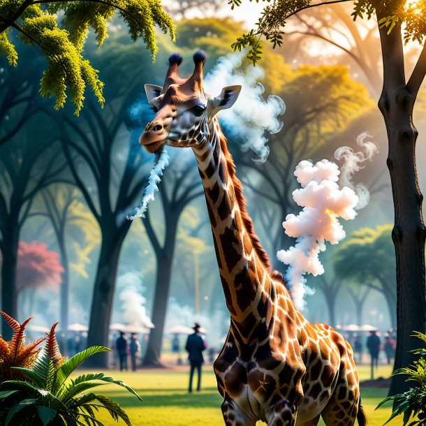 Photo of a smoking of a giraffe in the park