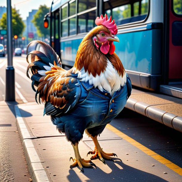 Photo d'une poule dans un jean sur l'arrêt de bus