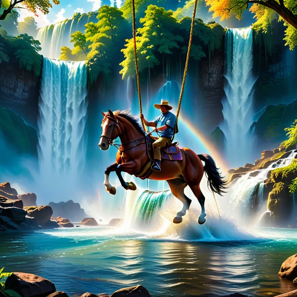 Photo of a swinging on a swing of a horse in the waterfall