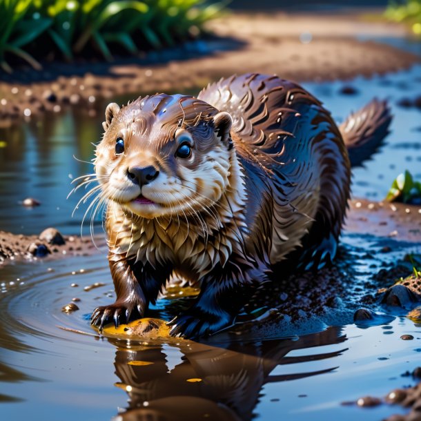 Picture of a playing of a otter in the puddle