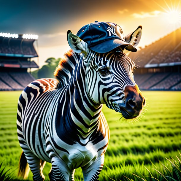 Image of a zebra in a cap on the field