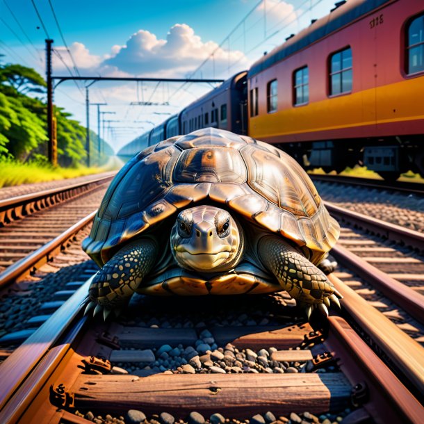 Pic of a swimming of a tortoise on the railway tracks