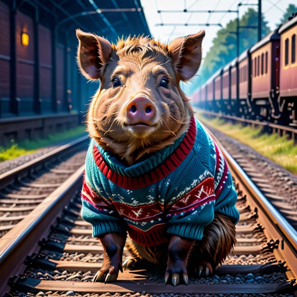 Foto de un jabalí en un suéter en las vías del tren