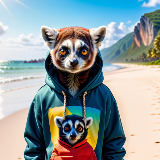 Photo of a lemur in a hoodie on the beach