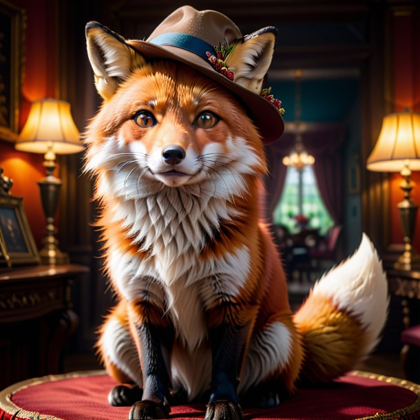 Photo of a fox in a hat in the house