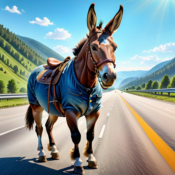 Illustration of a mule in a jeans on the highway