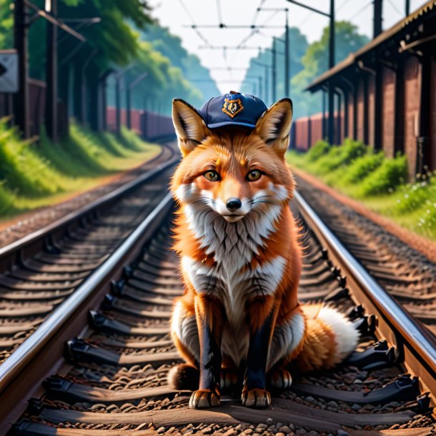 Picture of a fox in a cap on the railway tracks