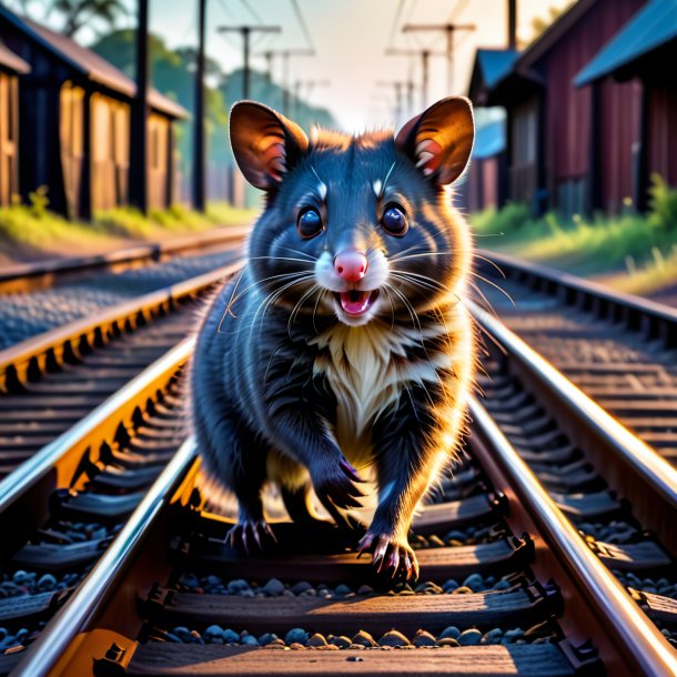 Image of a playing of a possum on the railway tracks