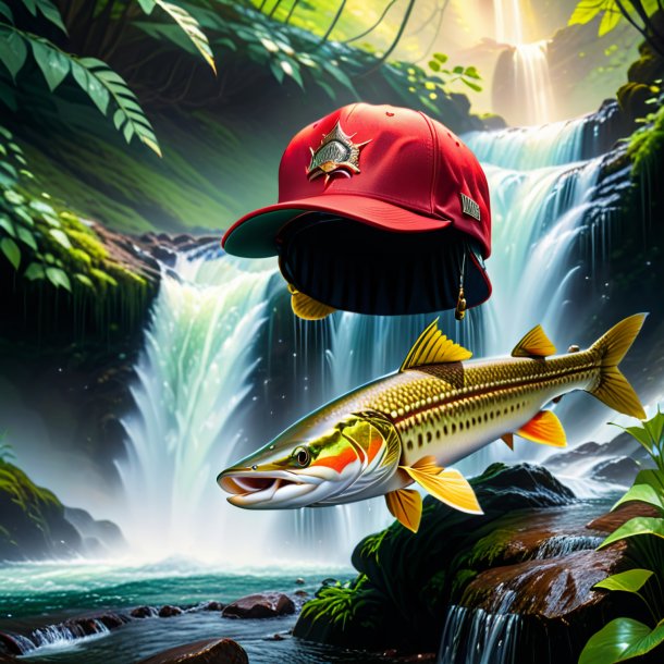 Image of a pike in a cap in the waterfall