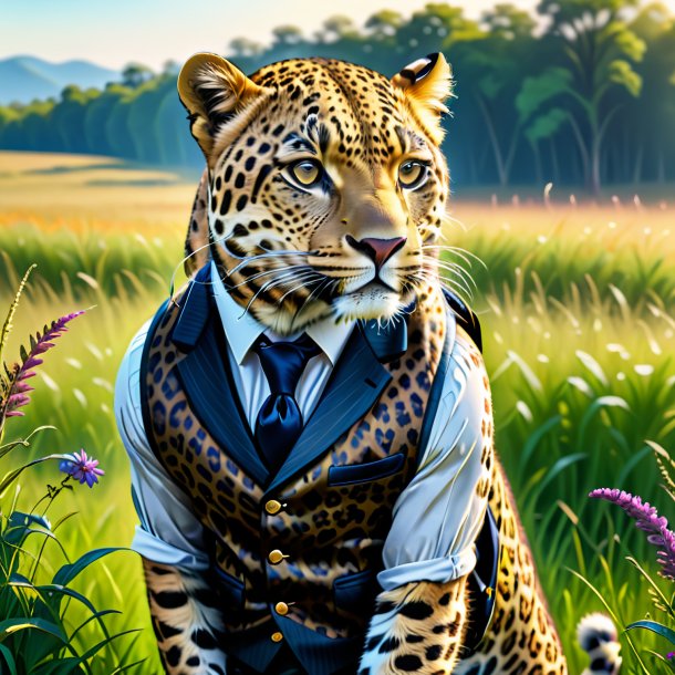 Drawing of a leopard in a vest in the meadow