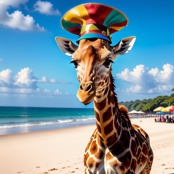 Pic of a giraffe in a hat on the beach