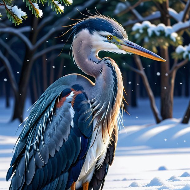 Drawing of a heron in a coat in the snow