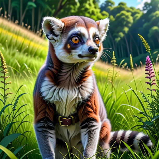 Drawing of a lemur in a belt in the meadow