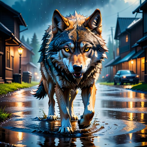 Image of a threatening of a wolf in the puddle