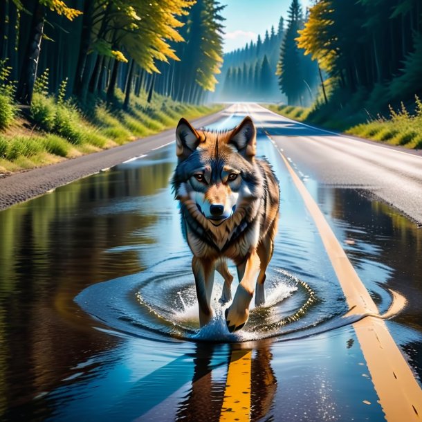 Photo of a swimming of a wolf on the road