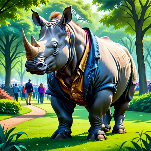 Drawing of a rhinoceros in a trousers in the park