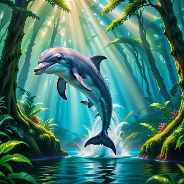 Photo of a jumping of a dolphin in the forest