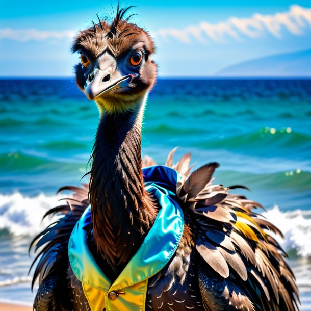 Image of a emu in a coat in the sea